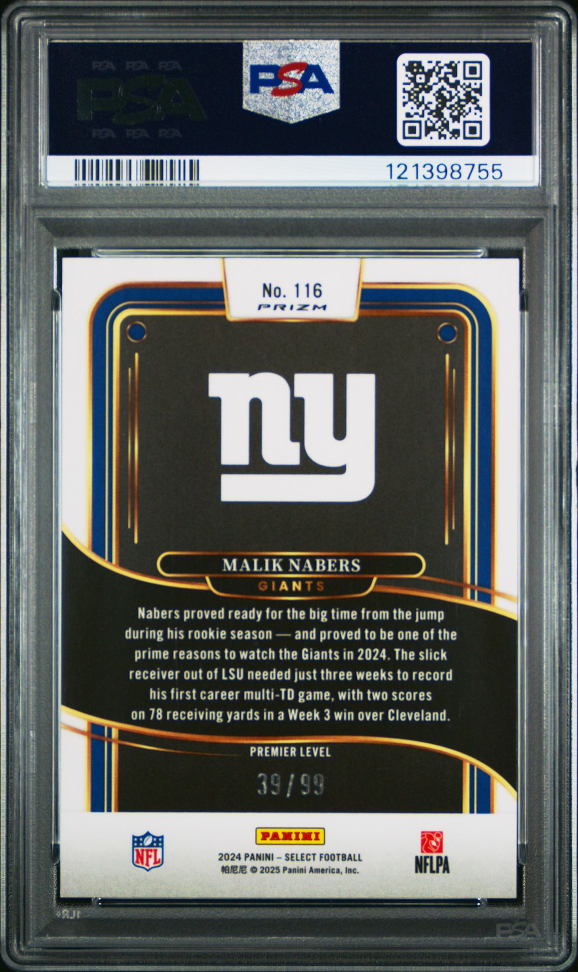 2024 Panini Select Malik Nabers #116 (Light Blue Prizm) Gem Mt 10 back