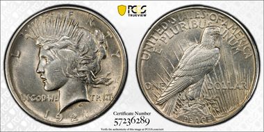 1921 $1 High Relief, Peace AU55
