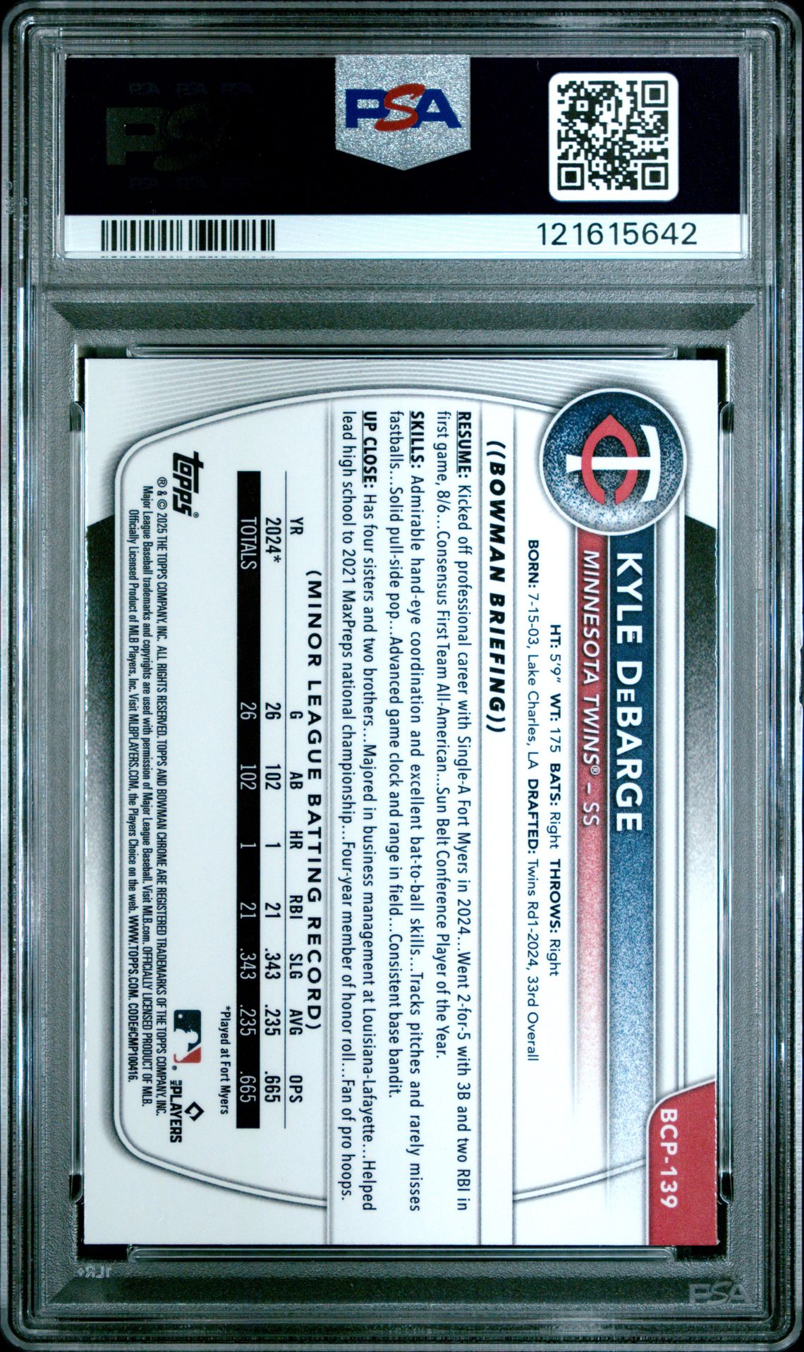 2025 Bowman Chrome Prospects Kyle Debarge #Bcp139 Mint 9 back