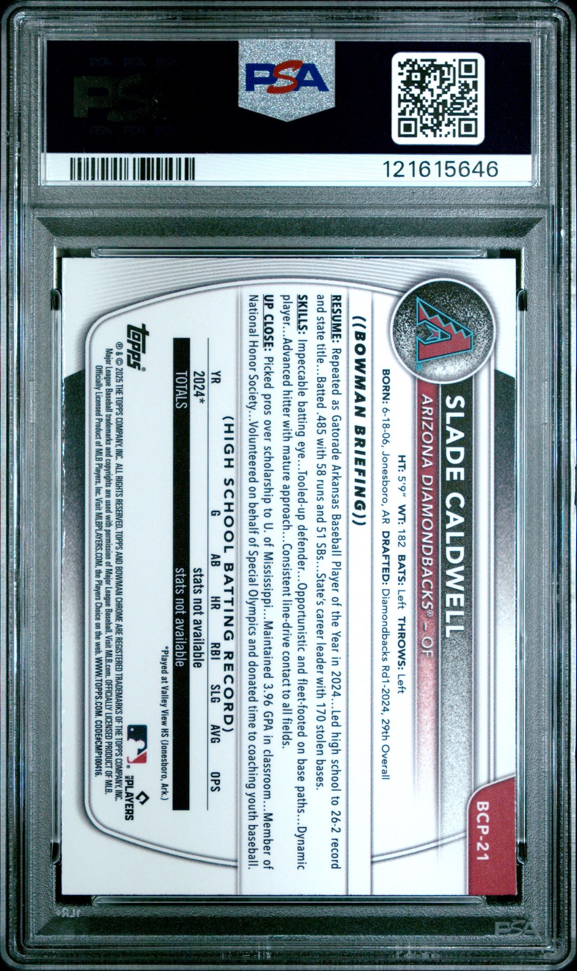 2025 Bowman Chrome Prospects Slade Caldwell #Bcp21 Mint 9 back