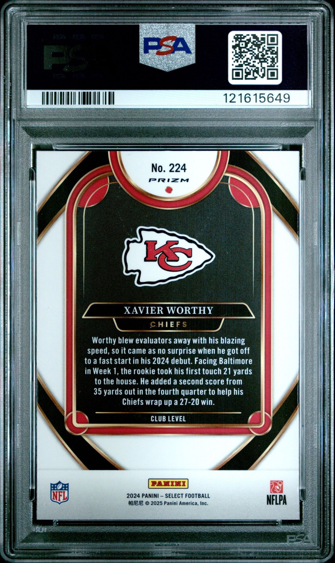 2024 Panini Select Xavier Worthy #224 (Silver Prizm) Mint 9 back