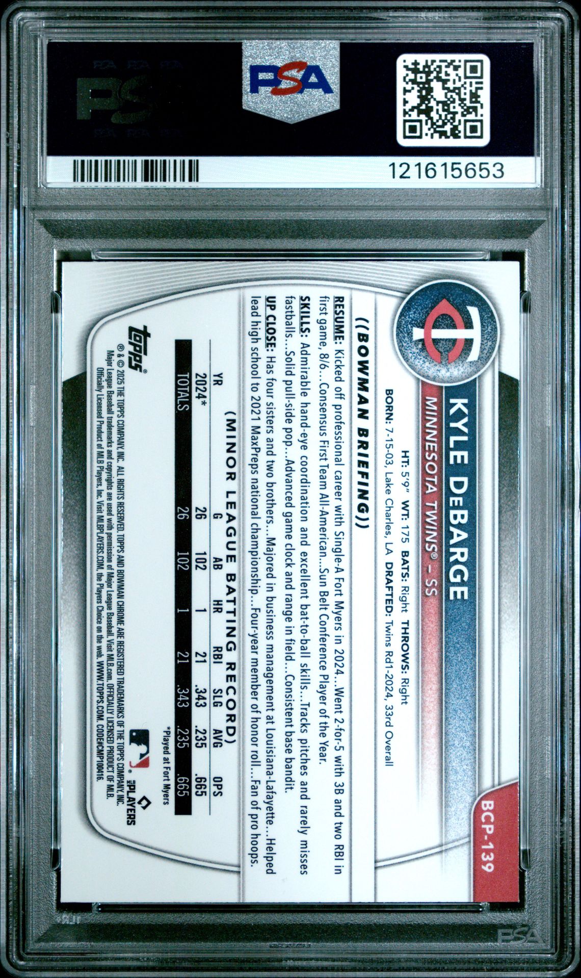 2025 Bowman Chrome Prospects Kyle Debarge #Bcp139 (Chrome Pros-Speckle Ref) Gem Mt 10 back