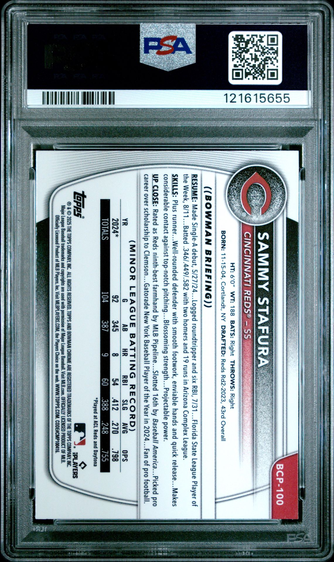 2025 Bowman Chrome Prospects Sammy Stafura #Bcp100 (Chrome Pros-Blue Shimmer) Mint 9 back