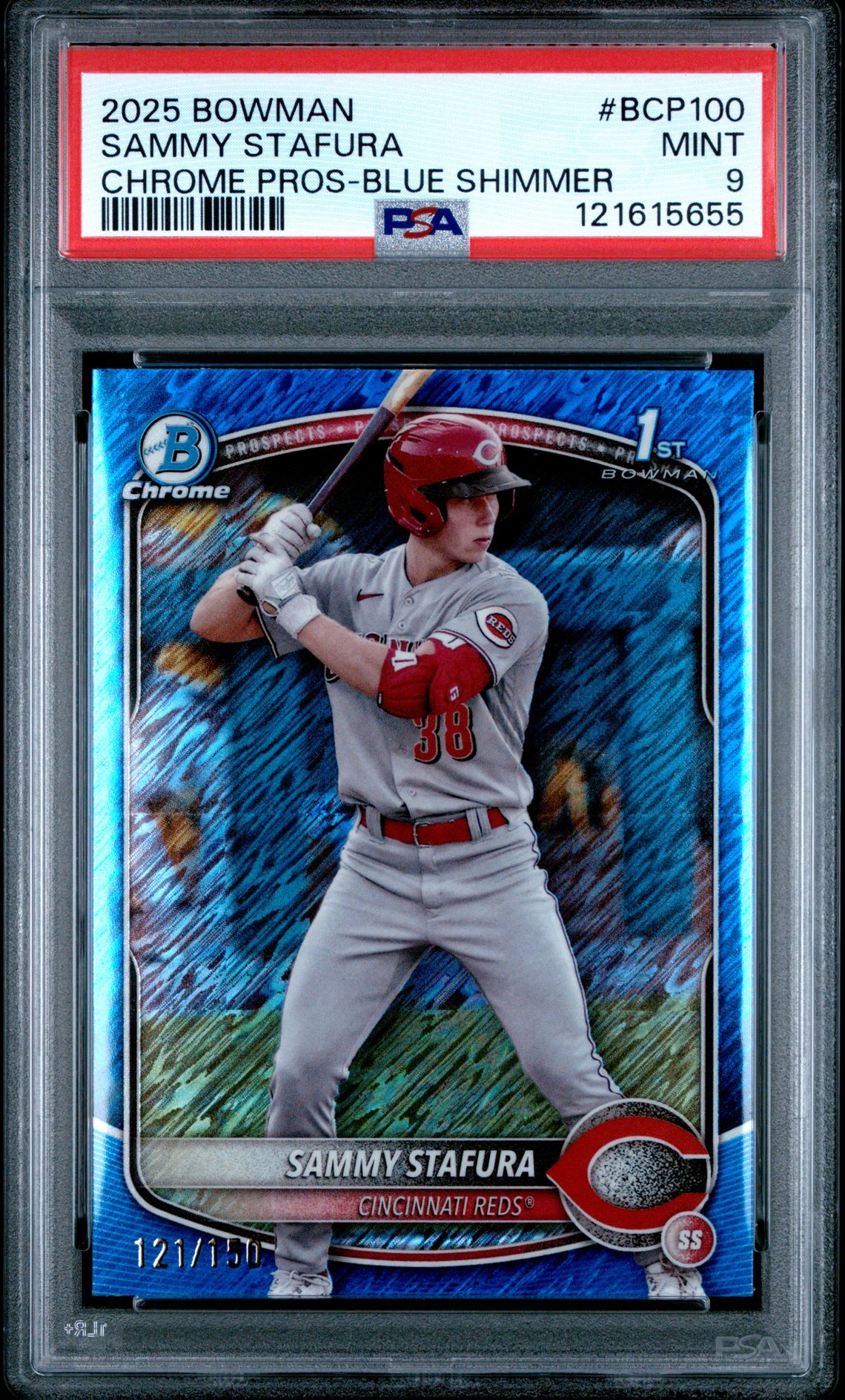 2025 Bowman Chrome Prospects Sammy Stafura #Bcp100 (Chrome Pros-Blue Shimmer) Mint 9 front