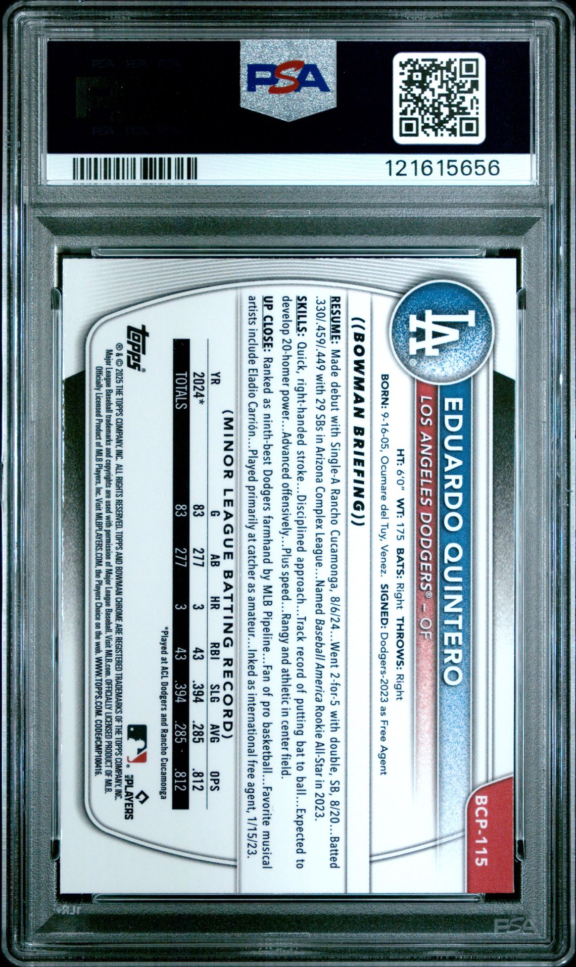2025 Bowman Chrome Prospects Eduardo Quintero #Bcp115 (Chrome Pros-Reptilian Ref) Mint 9 back