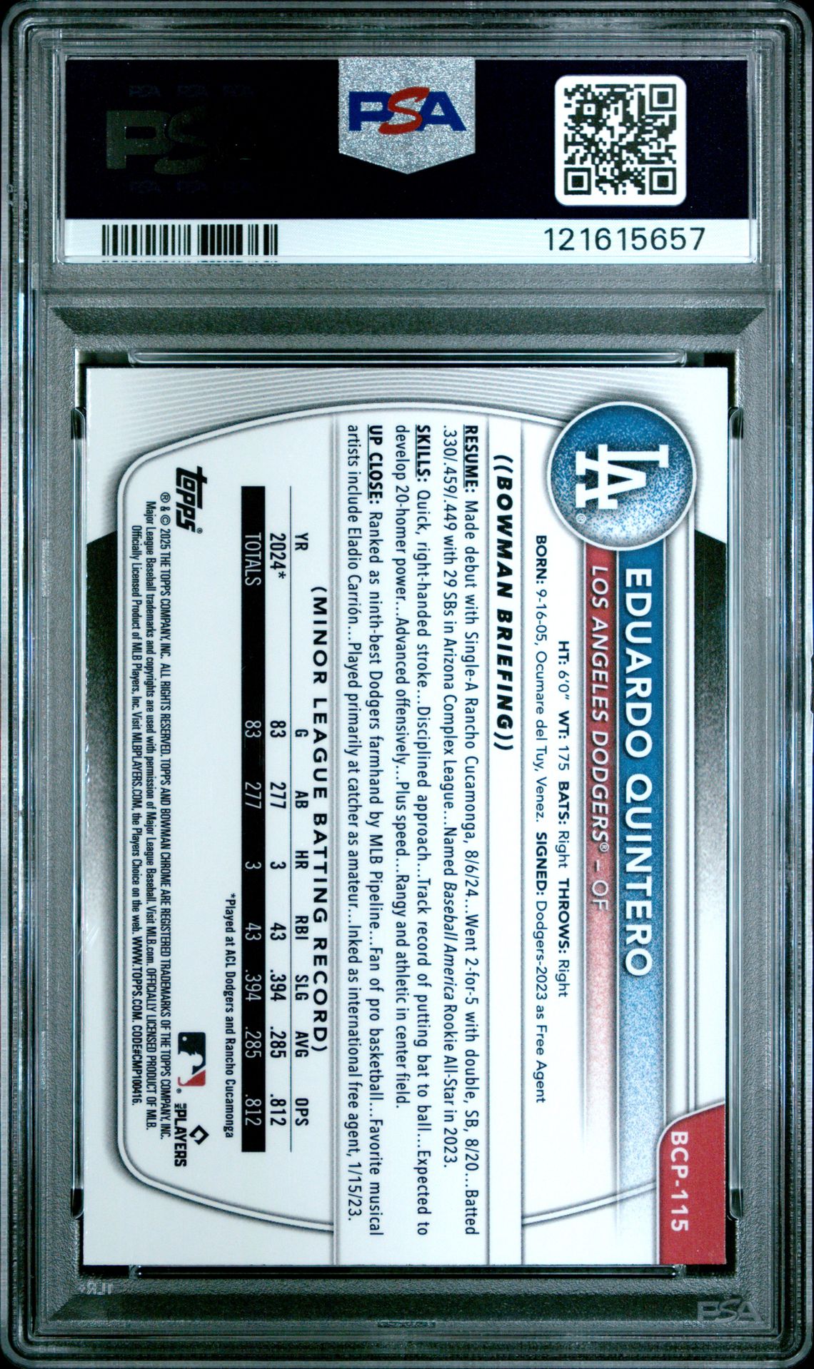 2025 Bowman Chrome Prospects Eduardo Quintero #Bcp115 (Chrome Pros-Blue Shimmer) Gem Mt 10 back