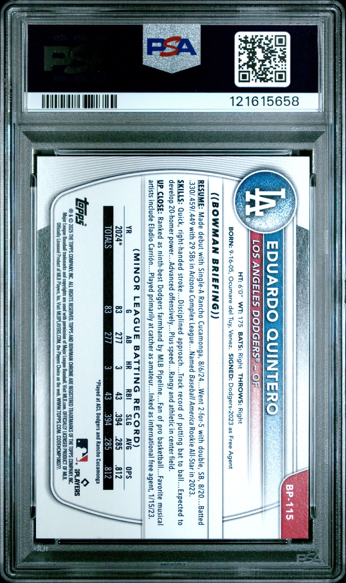 2025 Bowman Paper Prospects Eduardo Quintero #Bp115 (Paper Pros-Green Pattern) Mint 9 back