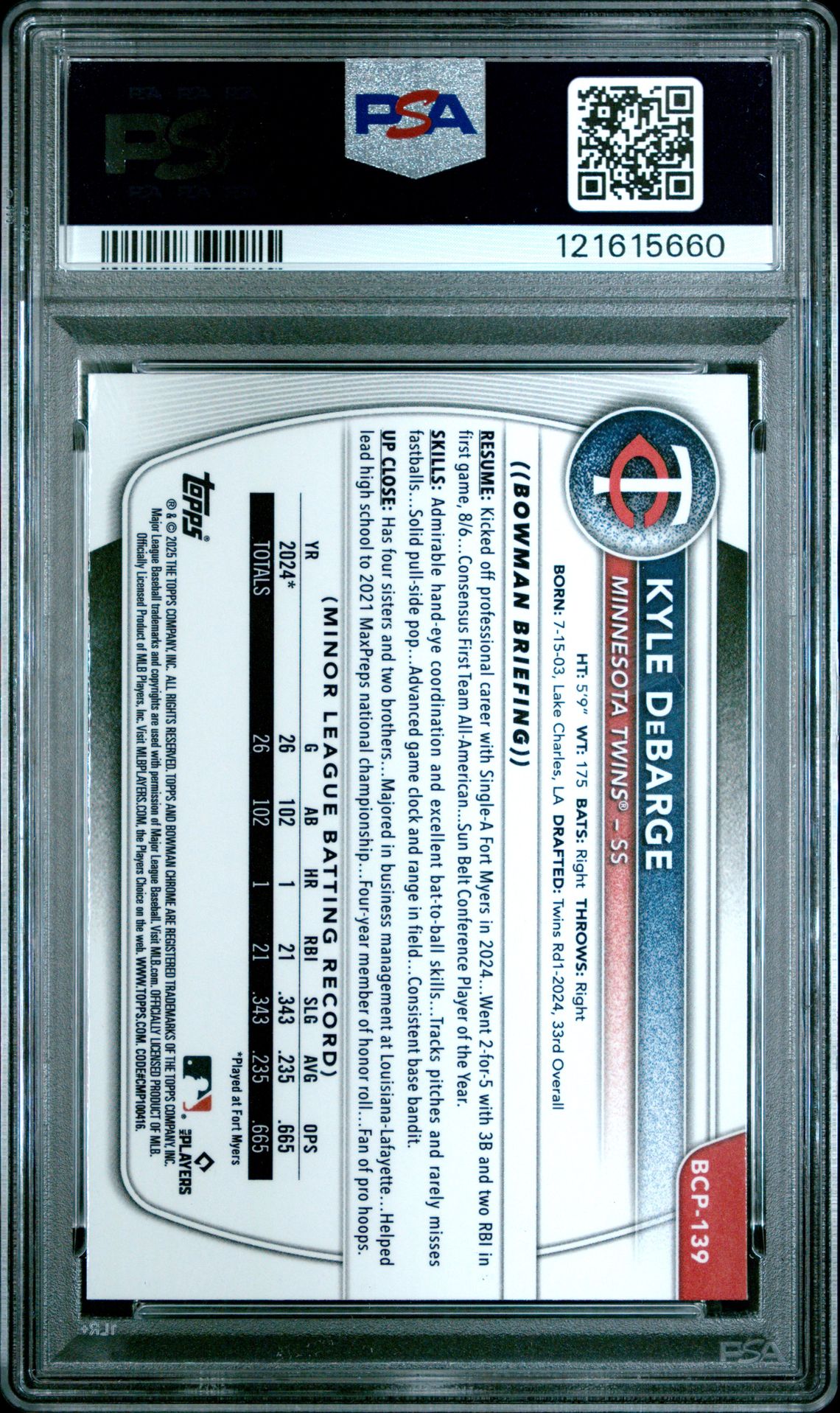 2025 Bowman Chrome Prospects Kyle Debarge #Bcp139 (Chrome Pros-Reptilian Ref) Mint 9 back