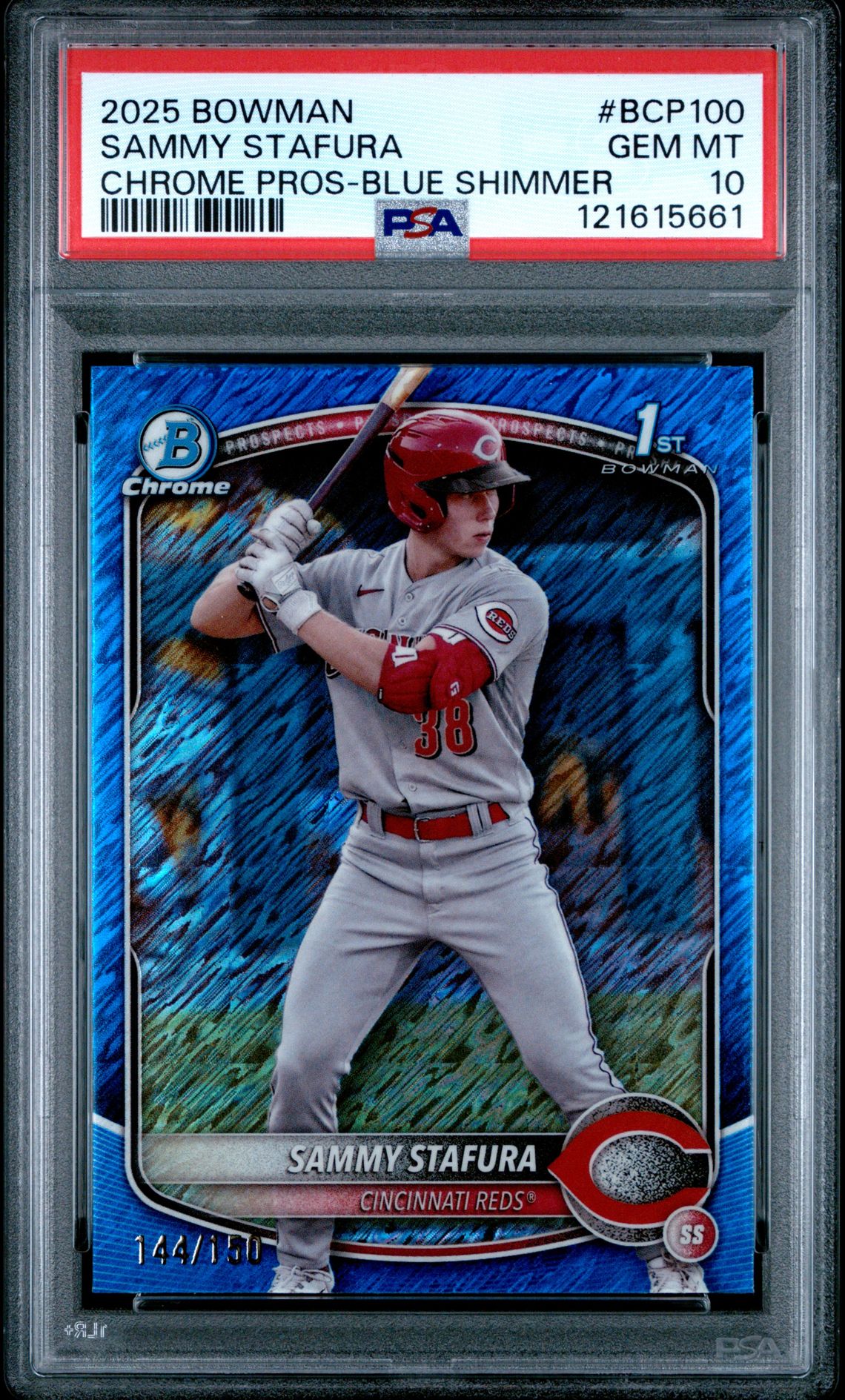 2025 Bowman Chrome Prospects Sammy Stafura #Bcp100 (Chrome Pros-Blue Shimmer) Gem Mt 10 front