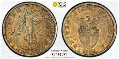 1908-S Peso KM-172  Ag AU50