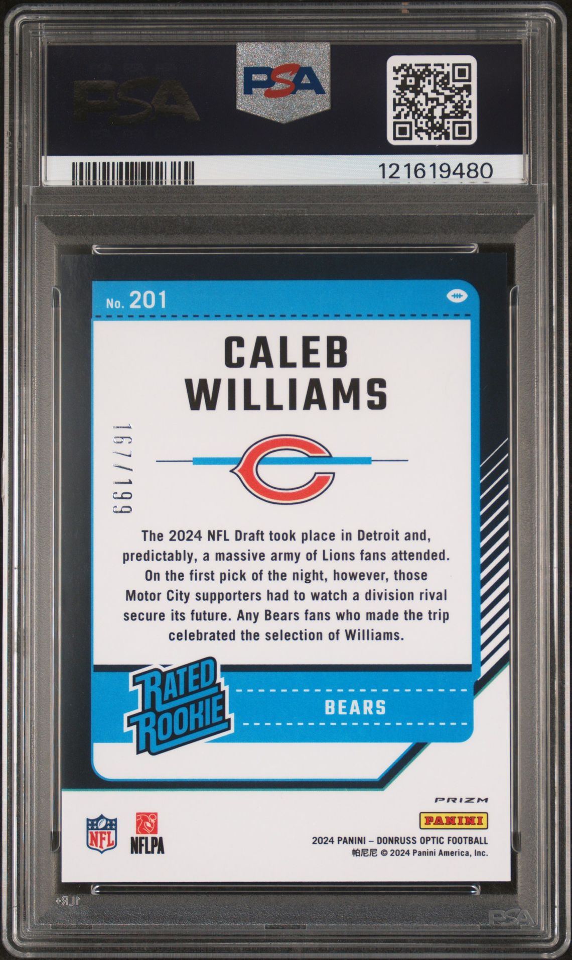 2024 Panini Donruss Optic Caleb Williams #201 (Blue) Gem Mt 10 back