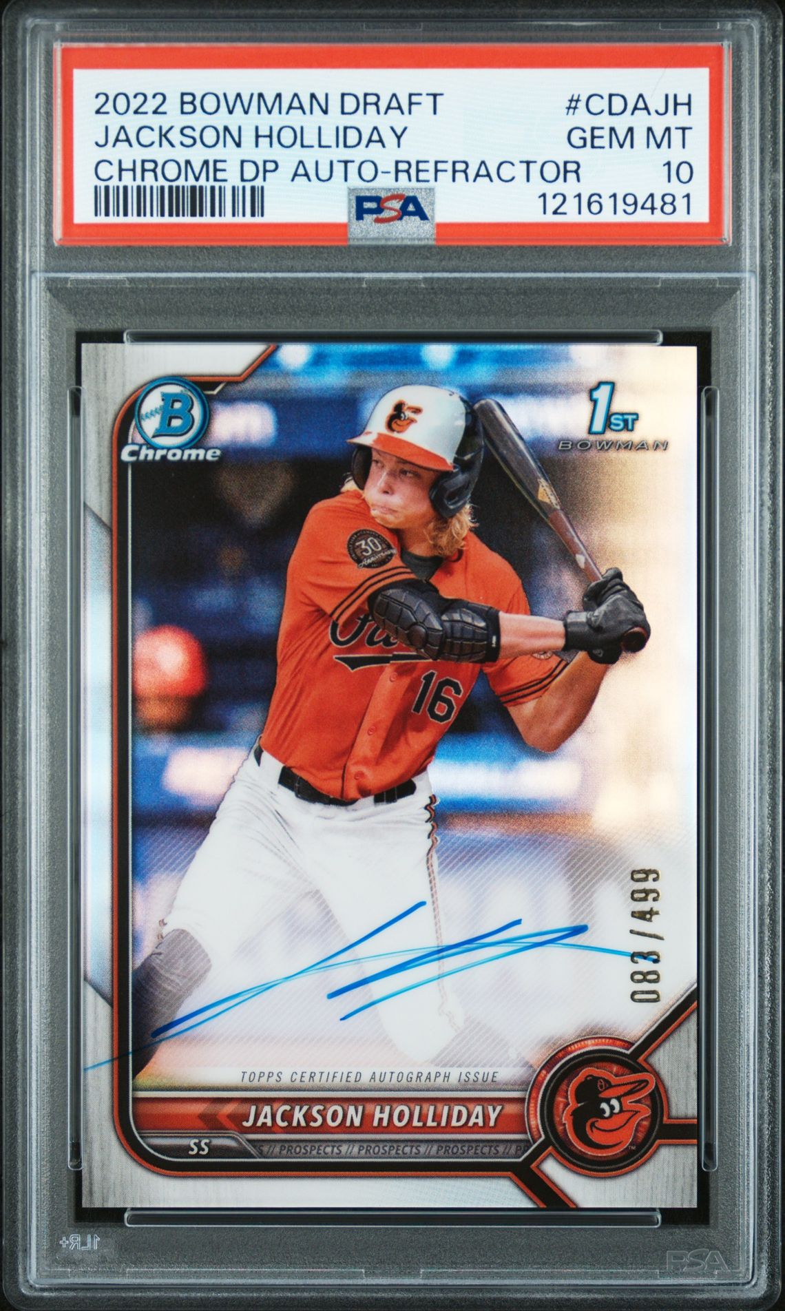2022 Bowman Draft Chrome Draft Pick Autographs Jackson Holliday #Cdajh (Chrome Dp Auto-Refractor) Gem Mt 10 front