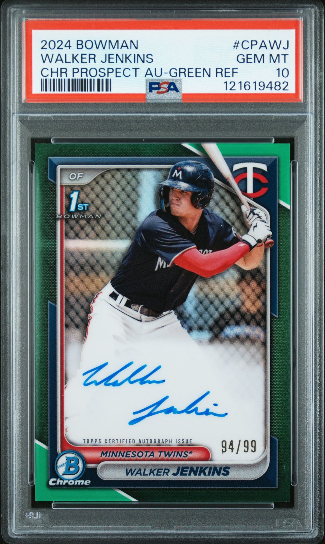 2024 Bowman Chrome Prospect Autographs Walker Jenkins #Cpawj (Chr Prospect Au-Green Ref) Gem Mt 10 front