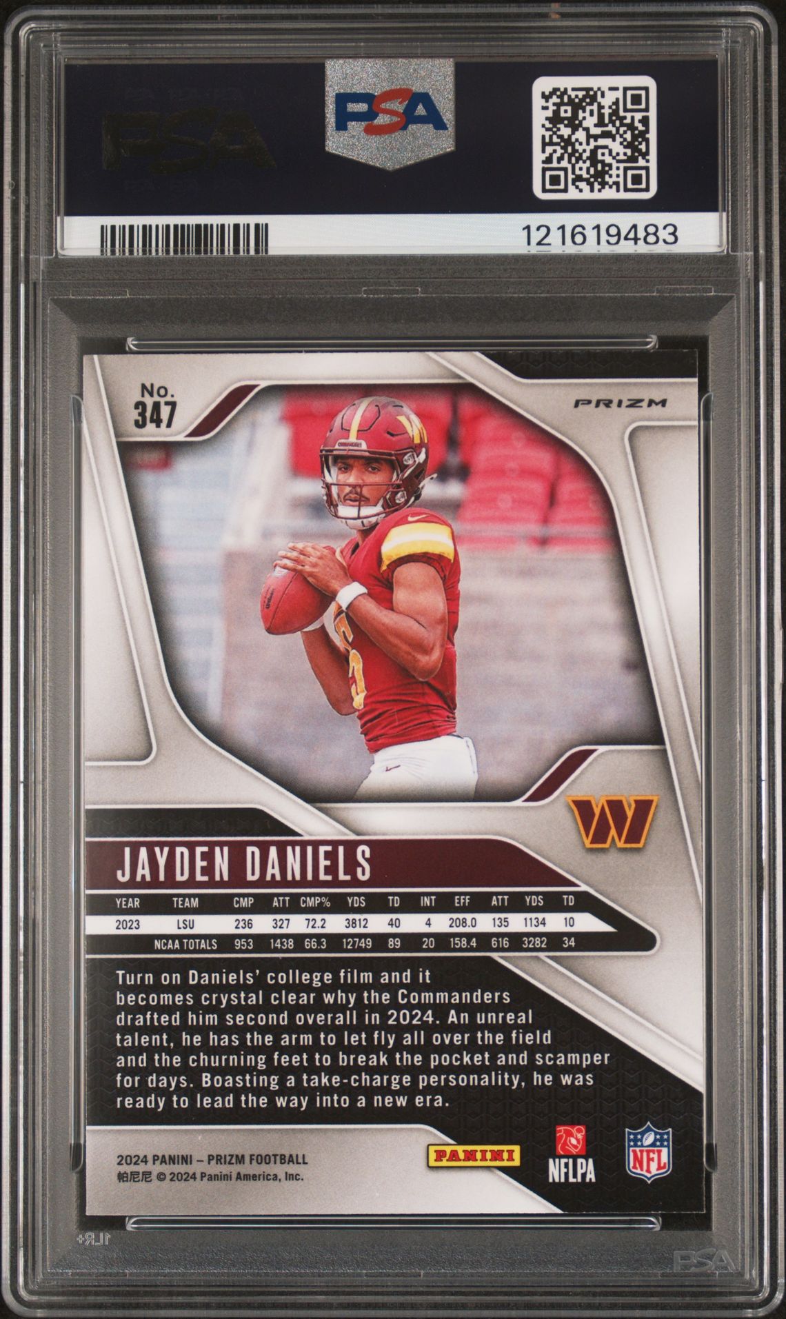 2024 Panini Prizm Jayden Daniels #347 (Red Sparkle) Gem Mt 10 back