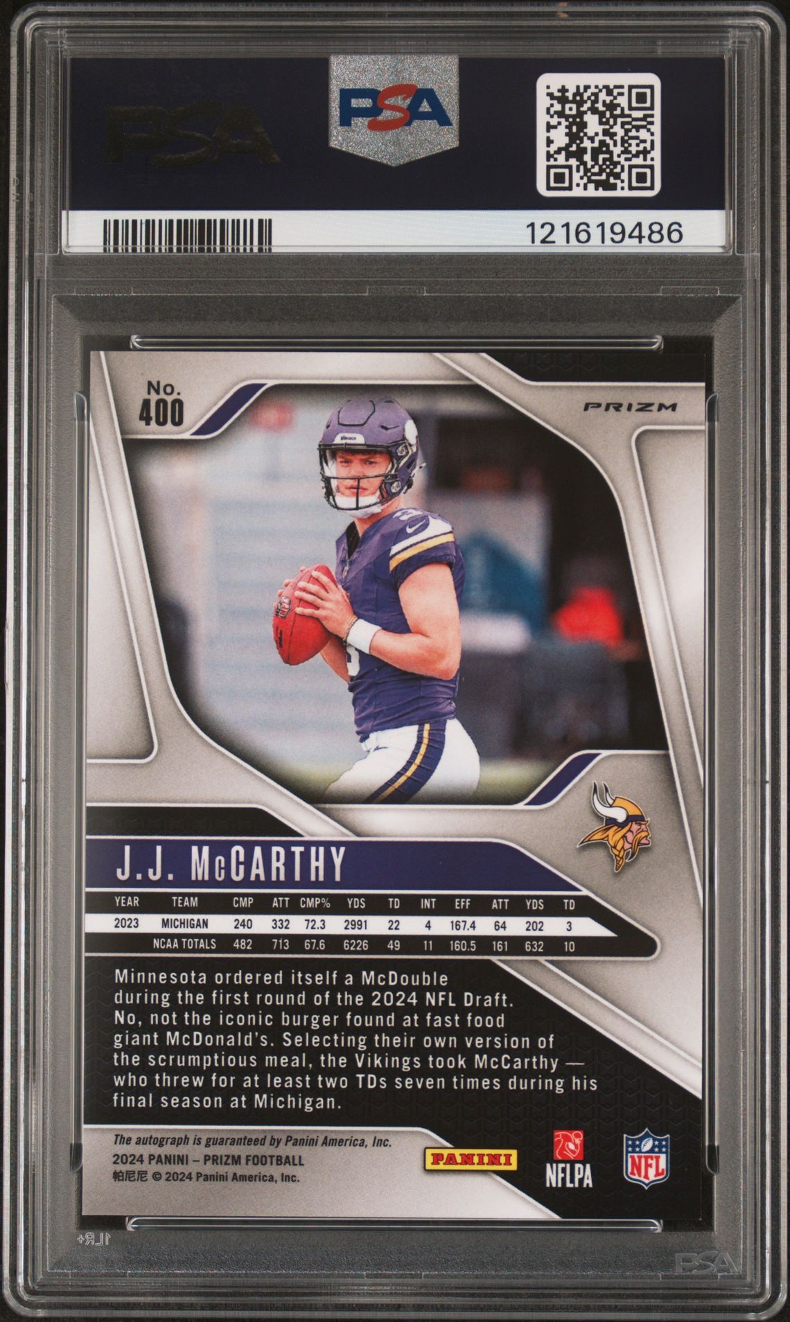 2024 Panini Prizm Jj Mccarthy #400 (Autograph) Gem Mt 10 back