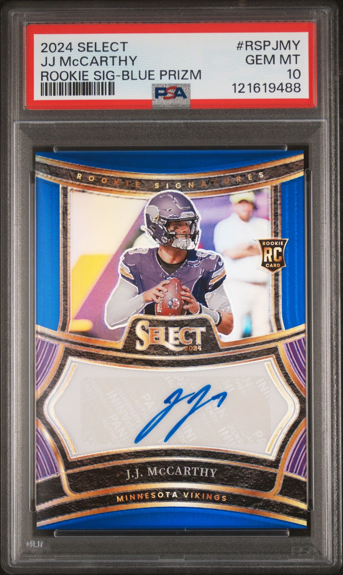 2024 Panini Select Rookie Signatures Jj Mccarthy #Rspjmy (Rookie Sig-Blue Prizm) Gem Mt 10 front