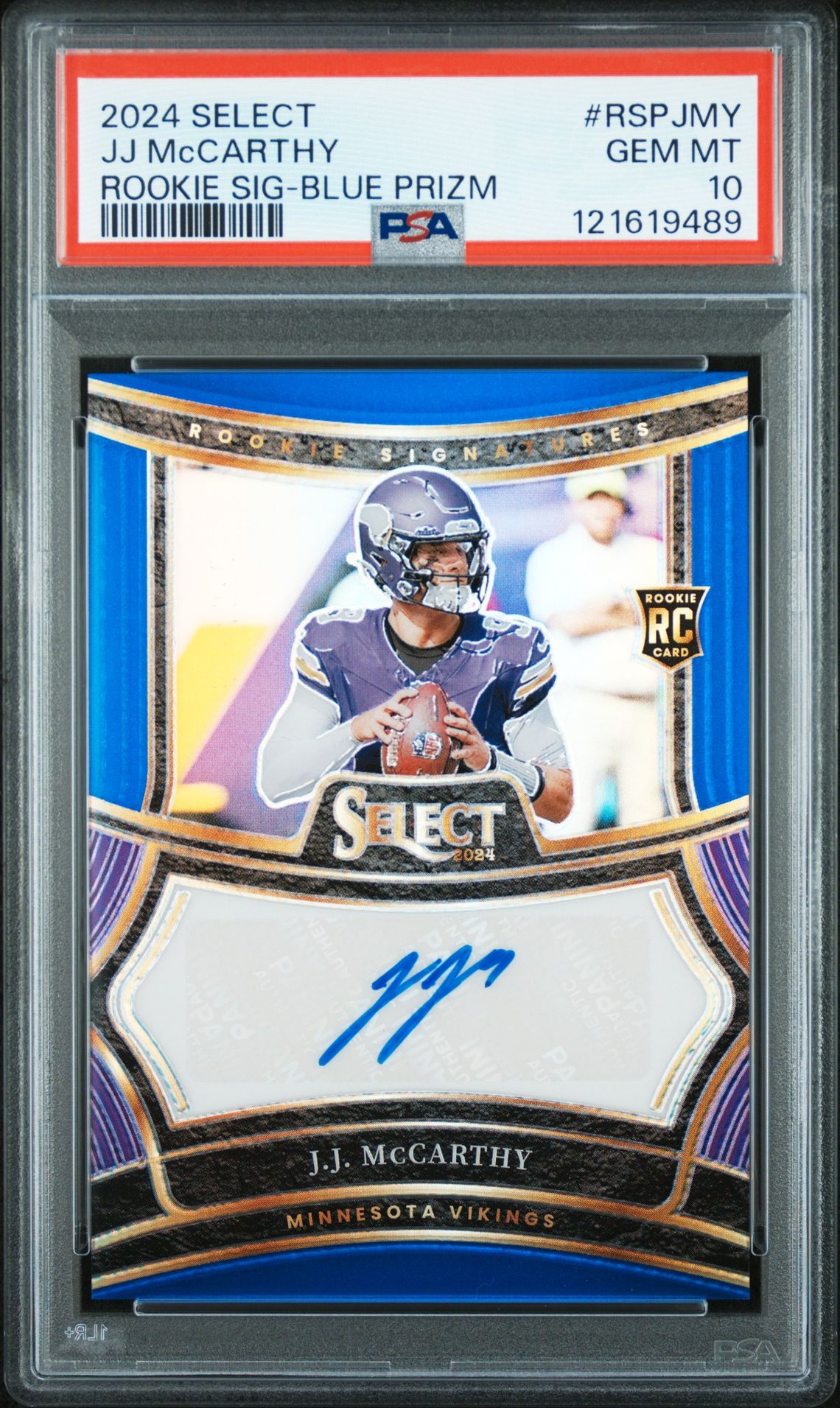 2024 Panini Select Rookie Signatures Jj Mccarthy #Rspjmy (Rookie Sig-Blue Prizm) Gem Mt 10 front