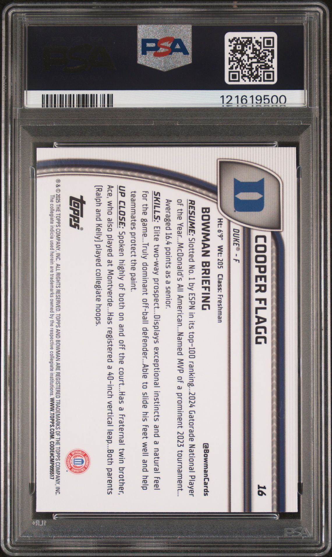 2024 Bowman Chrome University Cooper Flagg #16 (Orange Shimmer) Mint 9 back