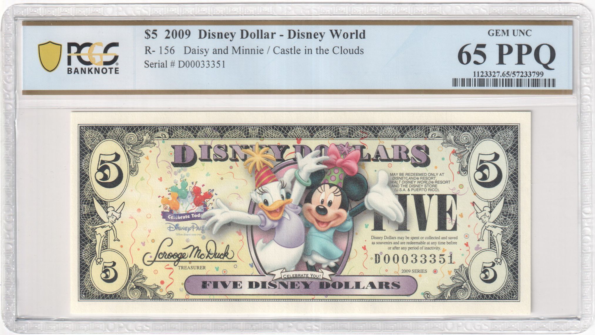 2009 R-156 $5 Disney Dollar Daisy and Minnie / Castle in the clouds PCGS Graded 