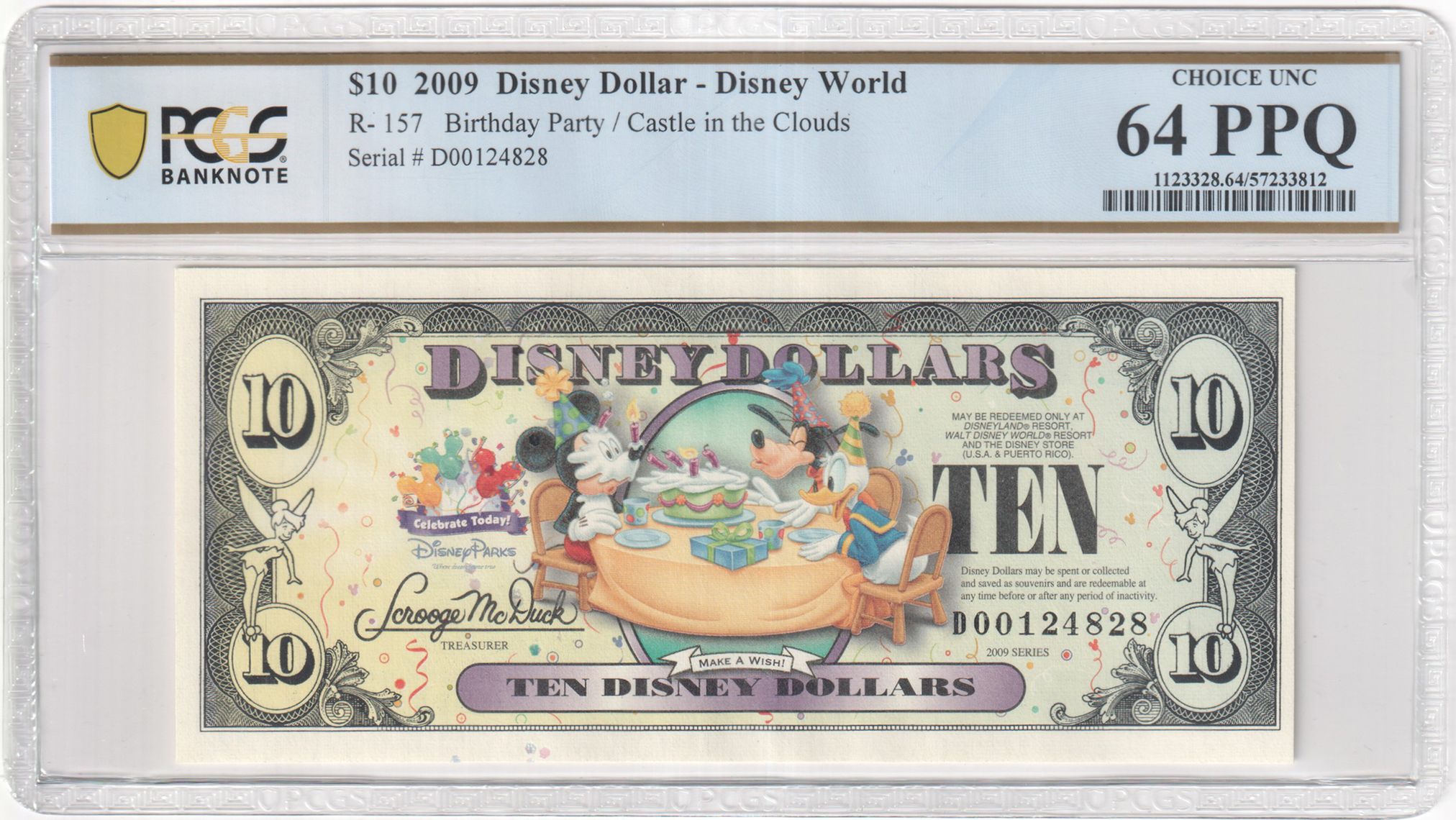 2009 R-157 $10 Disney Dollar Birthday Party / Castle in the Clouds PCGS Graded 64