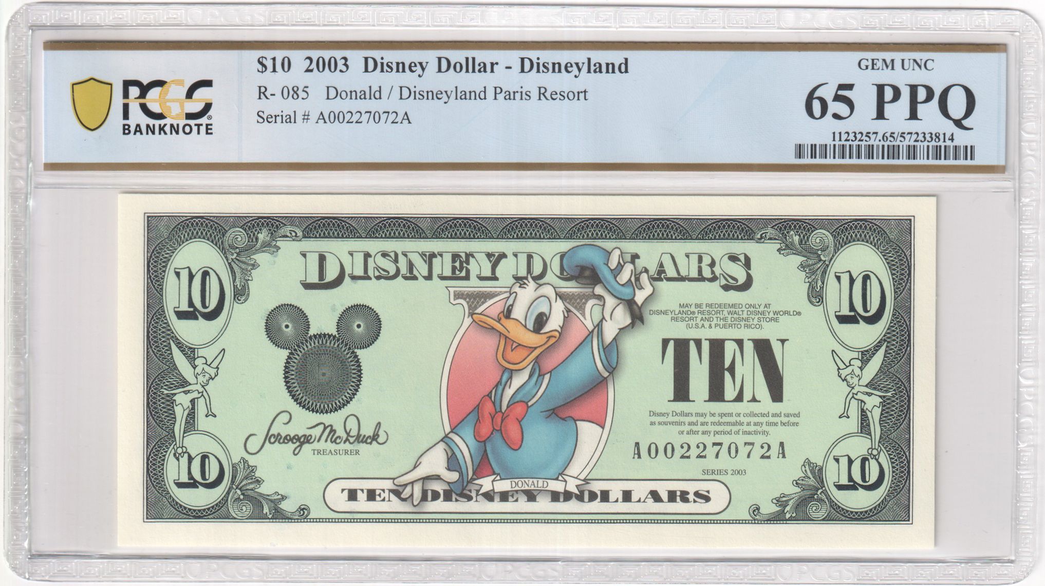 2003 R-085 $10 Disney Dollar Donald Duck / Disneyland Paris Resort PCGS Graded 6