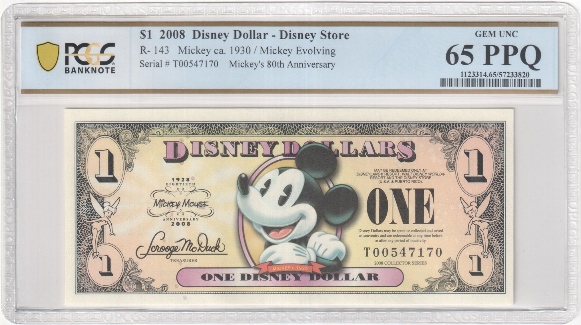 2008 R-143 $1 Disney Dollar Mickey Evolving PCGS Graded 65 PPQ