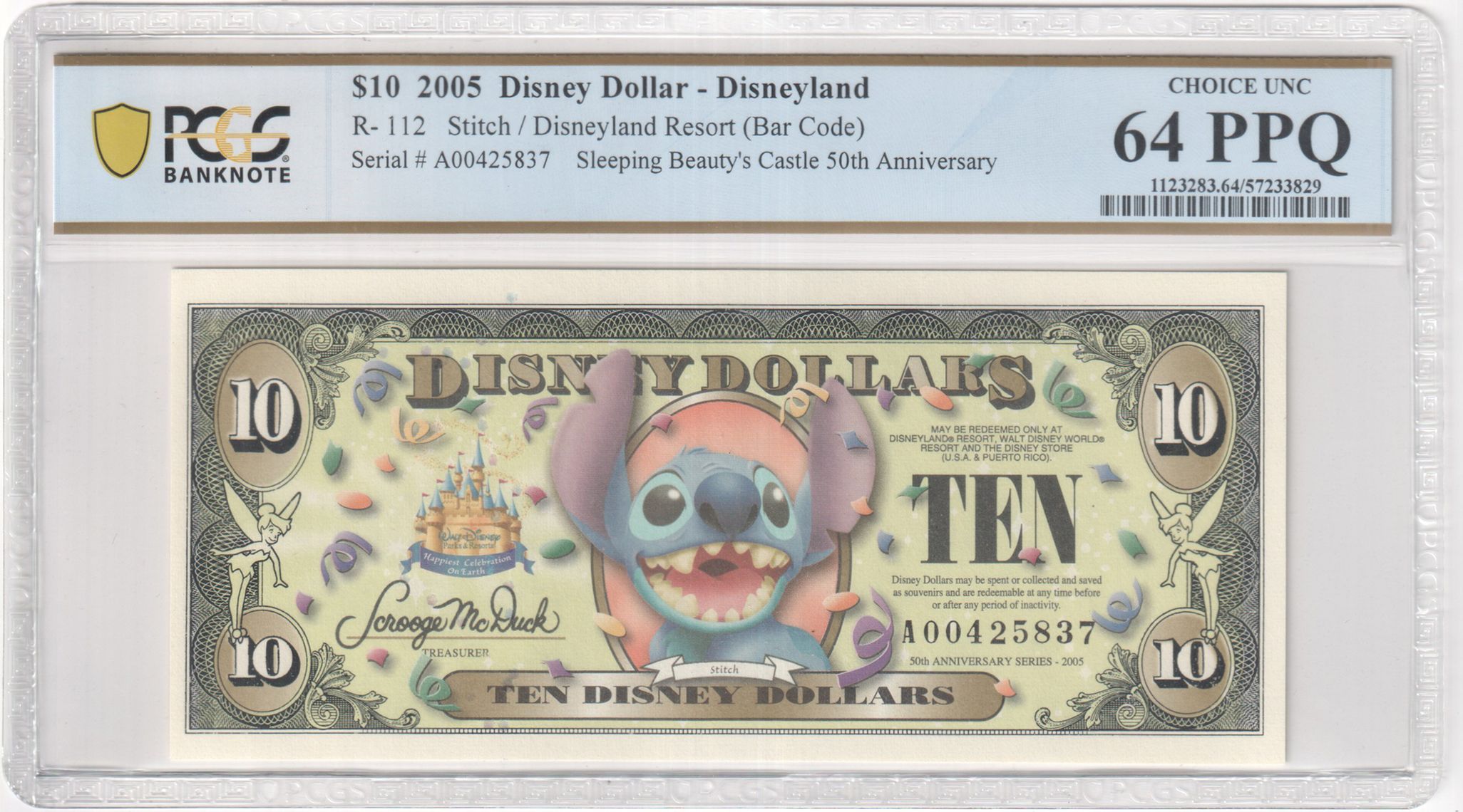 2005 R-112 $10 Disney Dollar Stitch / Disneyland Resort PCGS Graded 64 PPQ