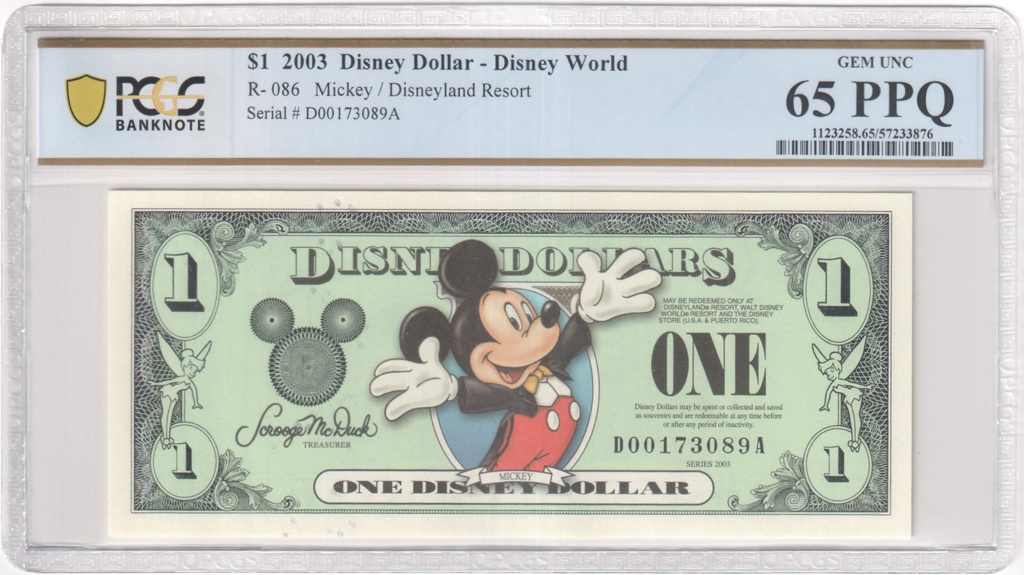 2003 R-086 $1 Disney Dollar Mickey / Disneyland Resort PCGS Graded 65 PPQ