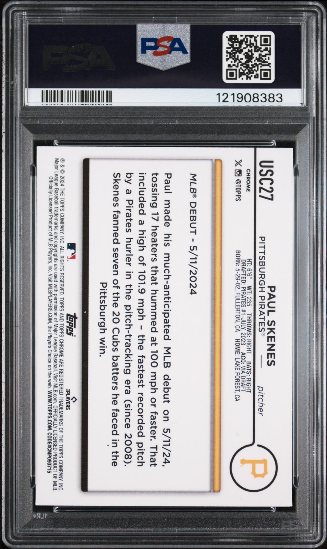 2024 Topps Chrome Update Paul Skenes #Usc27 (Green Refractor) Gem Mt 10 back