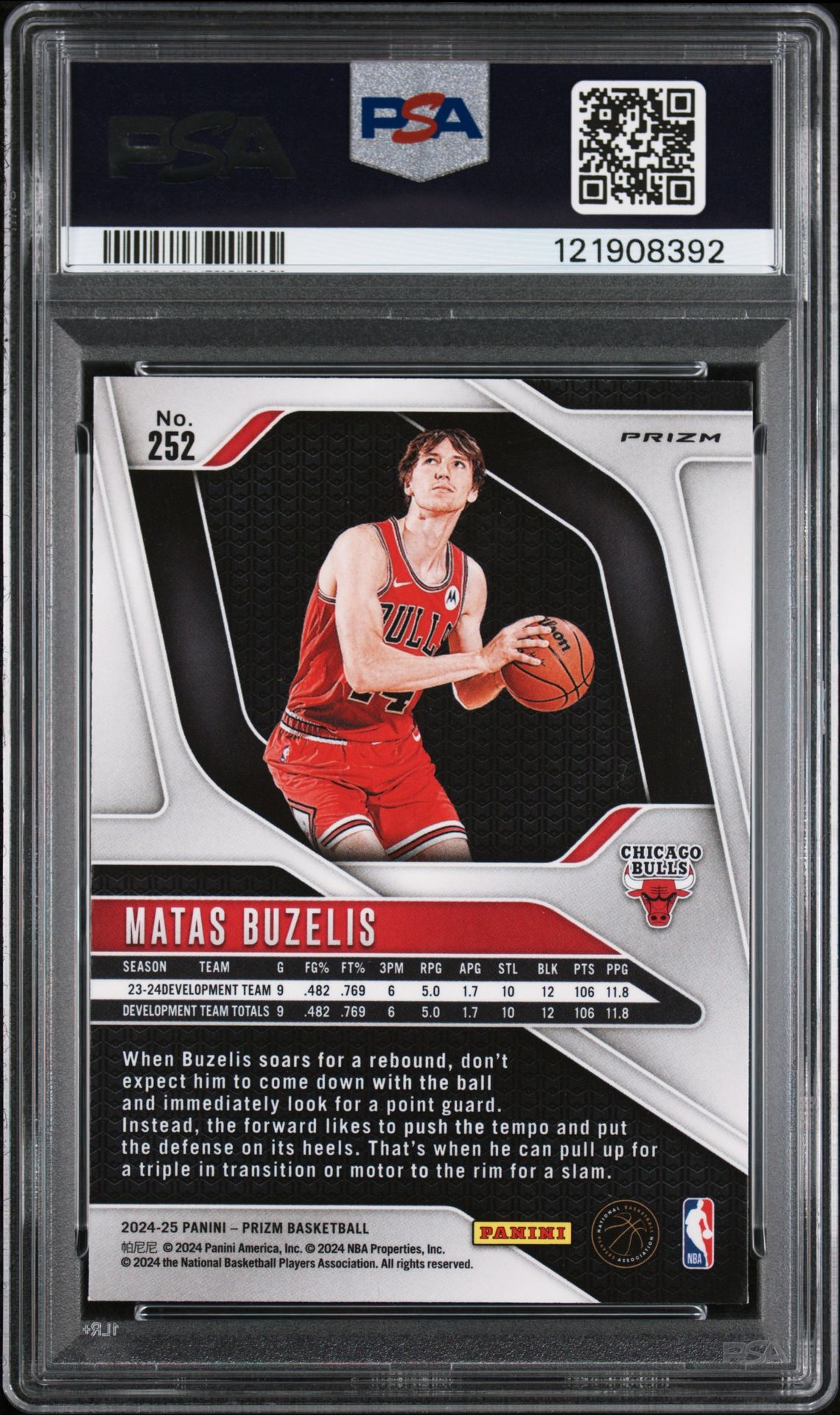 2024 Panini Prizm Matas Buzelis #252 (Pink Ice) Gem Mt 10 back