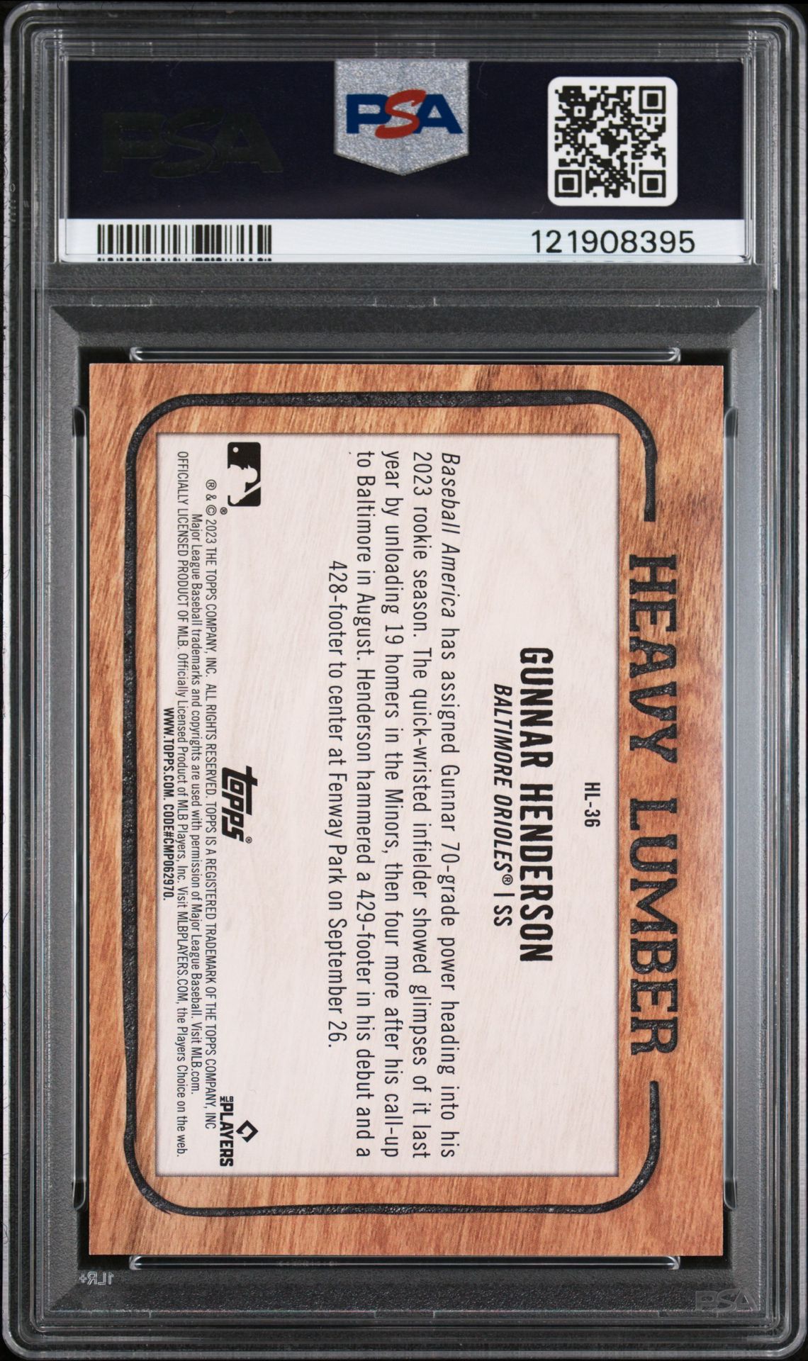 2023 Topps Heavy Lumber Gunnar Henderson #Hl36 (Heavy Lumber) Gem Mt 10 back