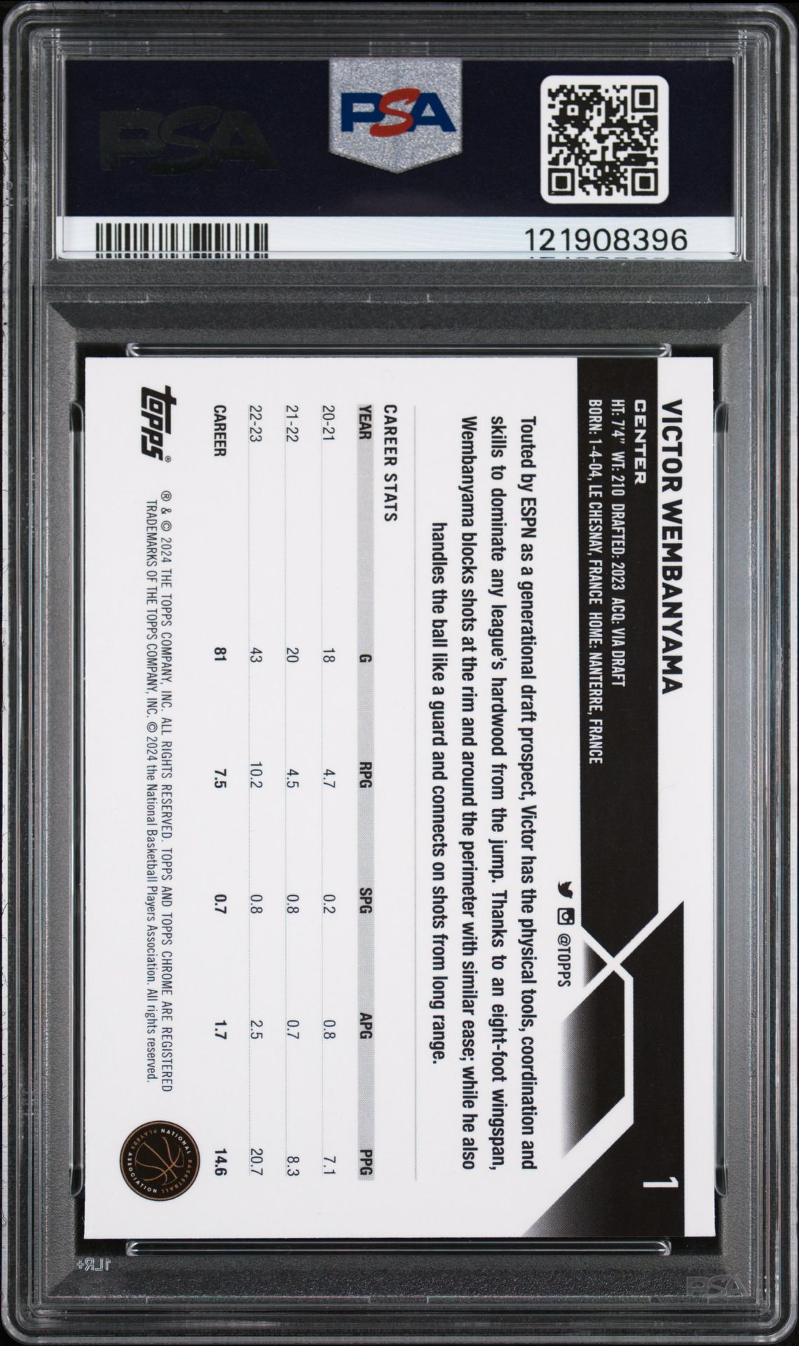 2023 Topps Chrome Victor Wembanyama #1 Gem Mt 10 back