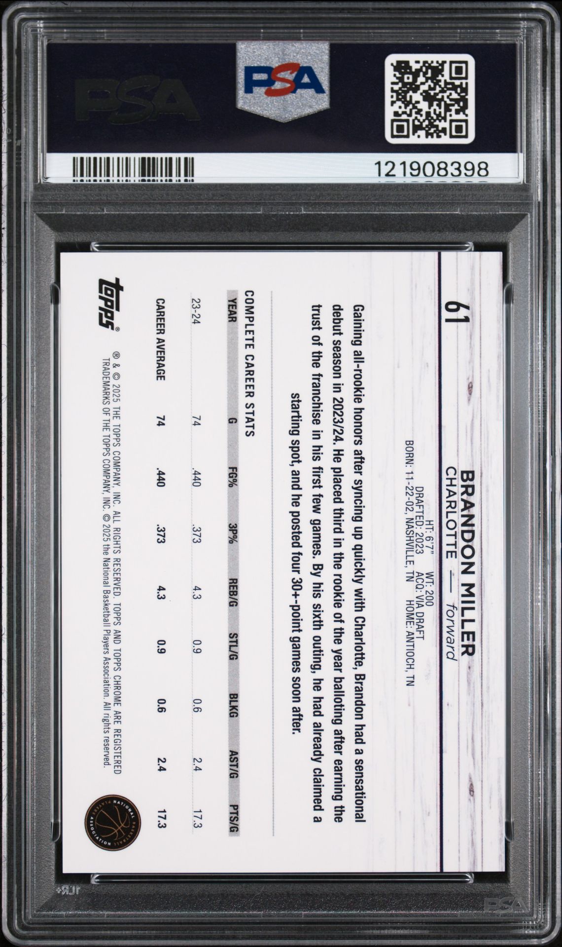 2024 Topps Chrome Brandon Miller #61 (White Geometric) Gem Mt 10 back