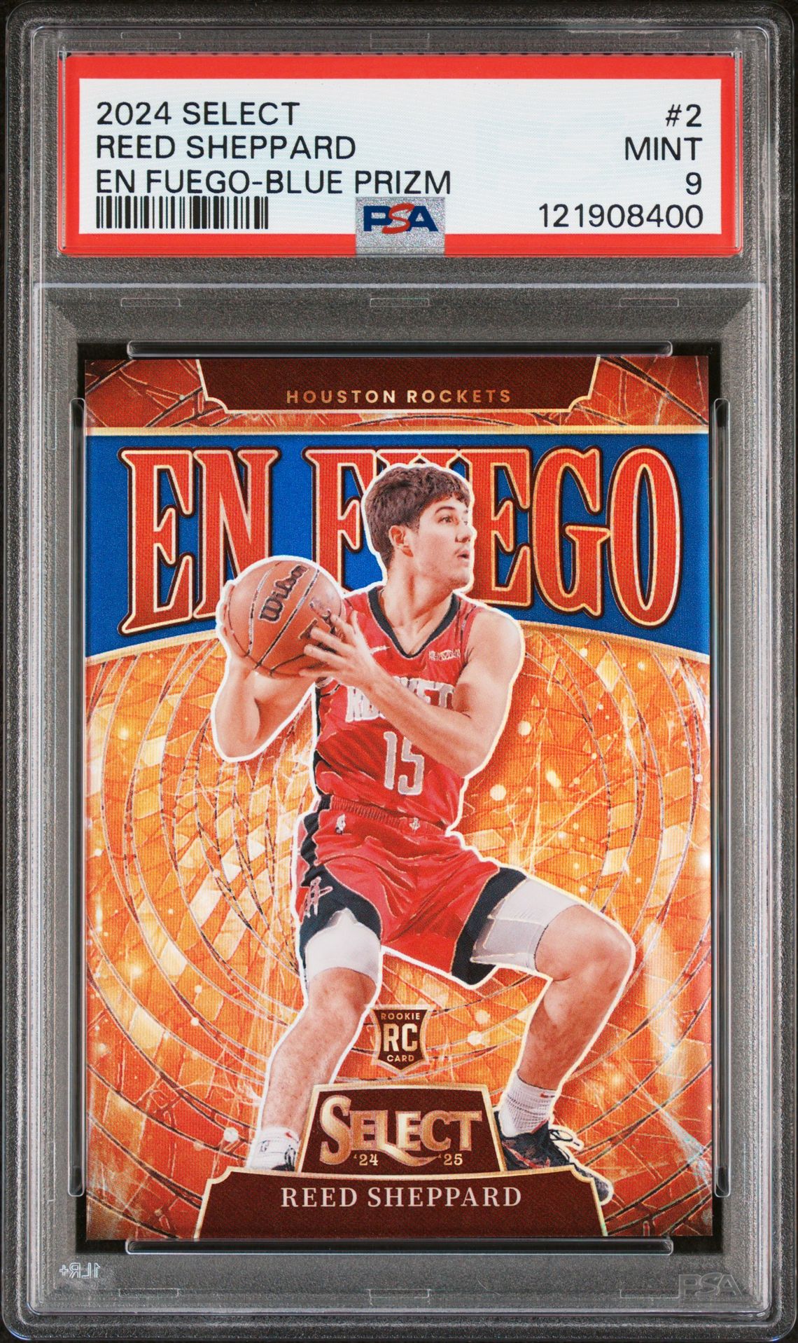 2024 Panini Select En Fuego Reed Sheppard #2 (En Fuego-Blue Prizm) Mint 9 front