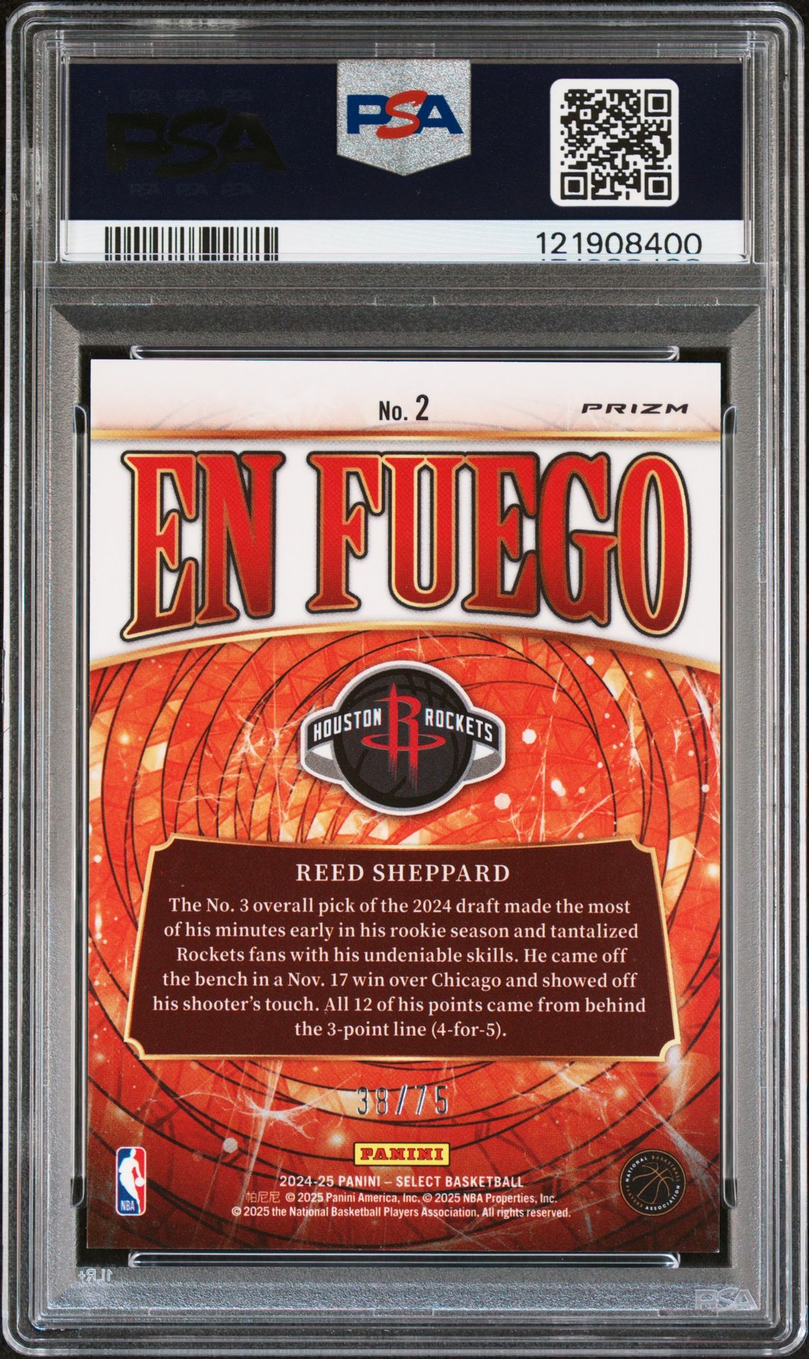 2024 Panini Select En Fuego Reed Sheppard #2 (En Fuego-Blue Prizm) Mint 9 back