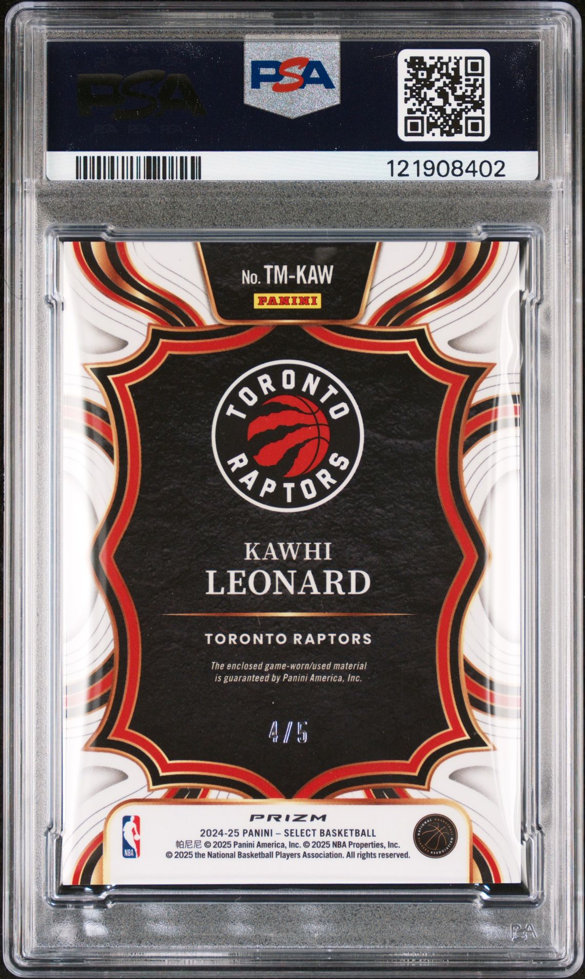 2024 Panini Select Throwback Memorabilia Kawhi Leonard #Tmkaw (Throwback Mem-Green Prizm) Gem Mt 10 back