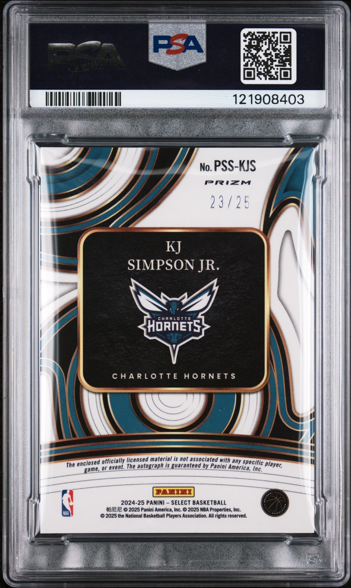2024 Panini Select Prime Selections Signatures Kj Simpson Jr. #Psskjs (Prm Select Sig-Tie-Dye Prizm) Gem Mt 10 back