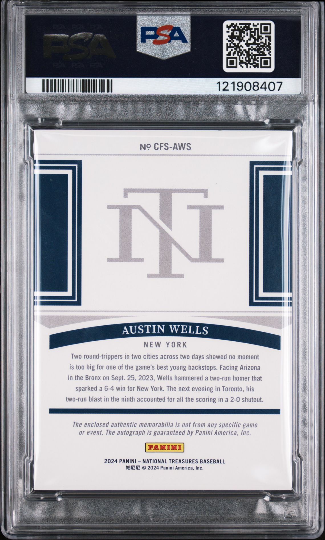 2024 Panini National Treasures Clutch Factor Signature Relics Austin Wells #Aws Mint 9 back
