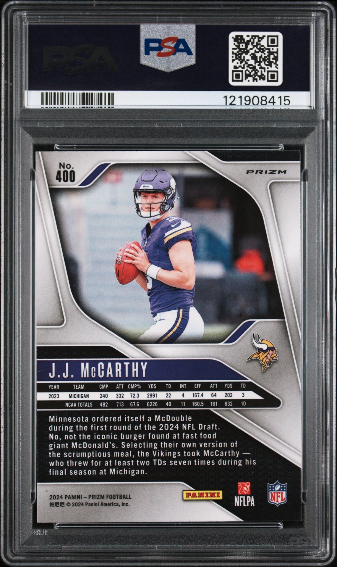 2024 Panini Prizm Jj Mccarthy #400 (Lazer Prizm) Mint 9 back