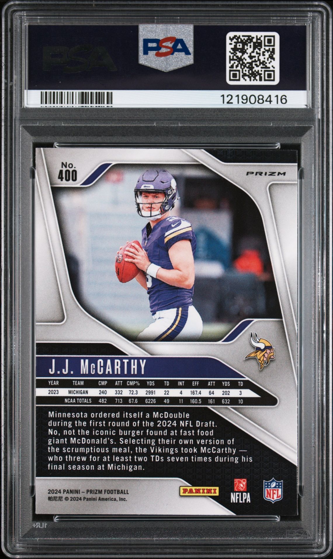 2024 Panini Prizm Jj Mccarthy #400 (Lazer Prizm) Mint 9 back