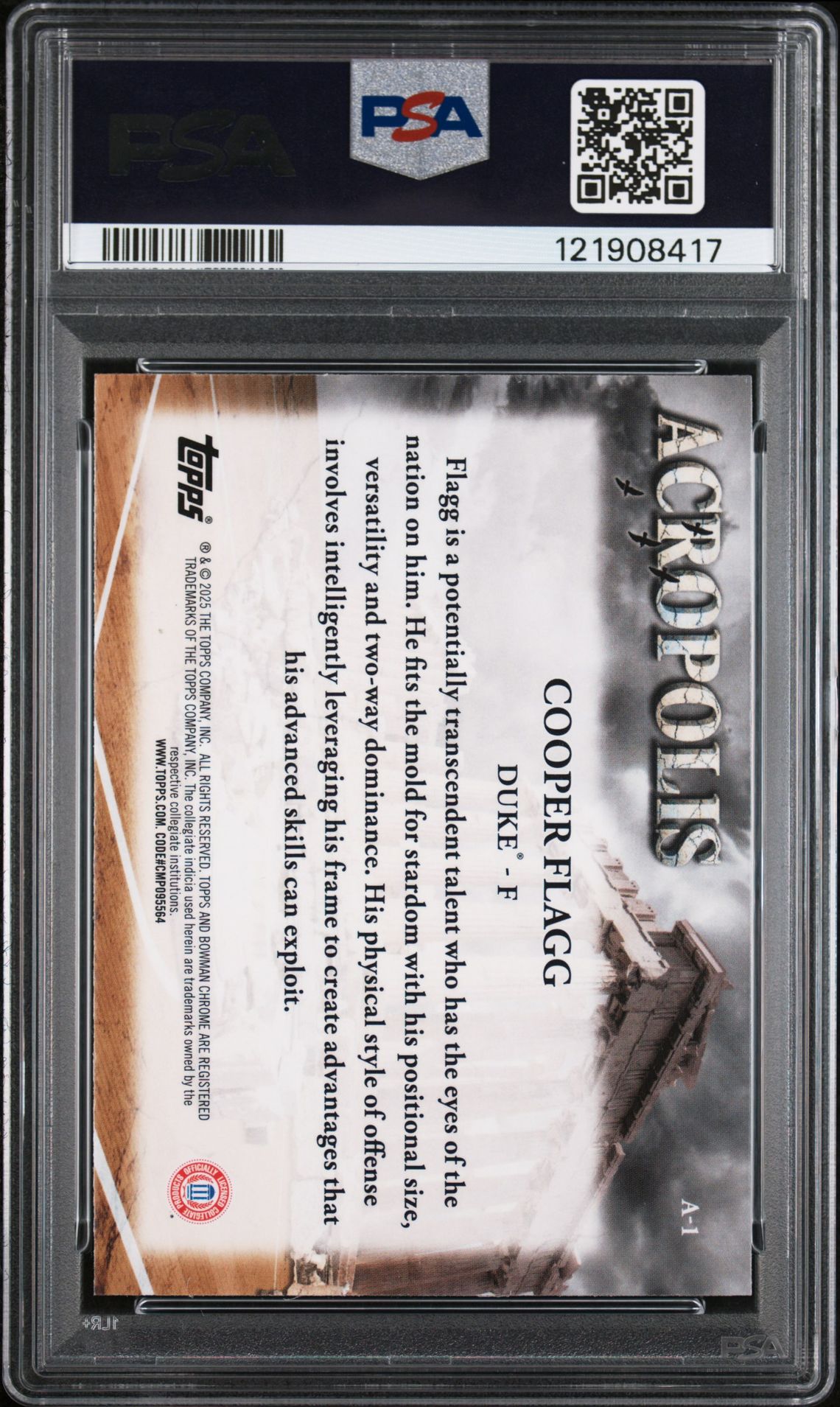 2024 Bowman Chrome University Acropolis Cooper Flagg #A1 (Acropolis-X-Fractor) Gem Mt 10 back