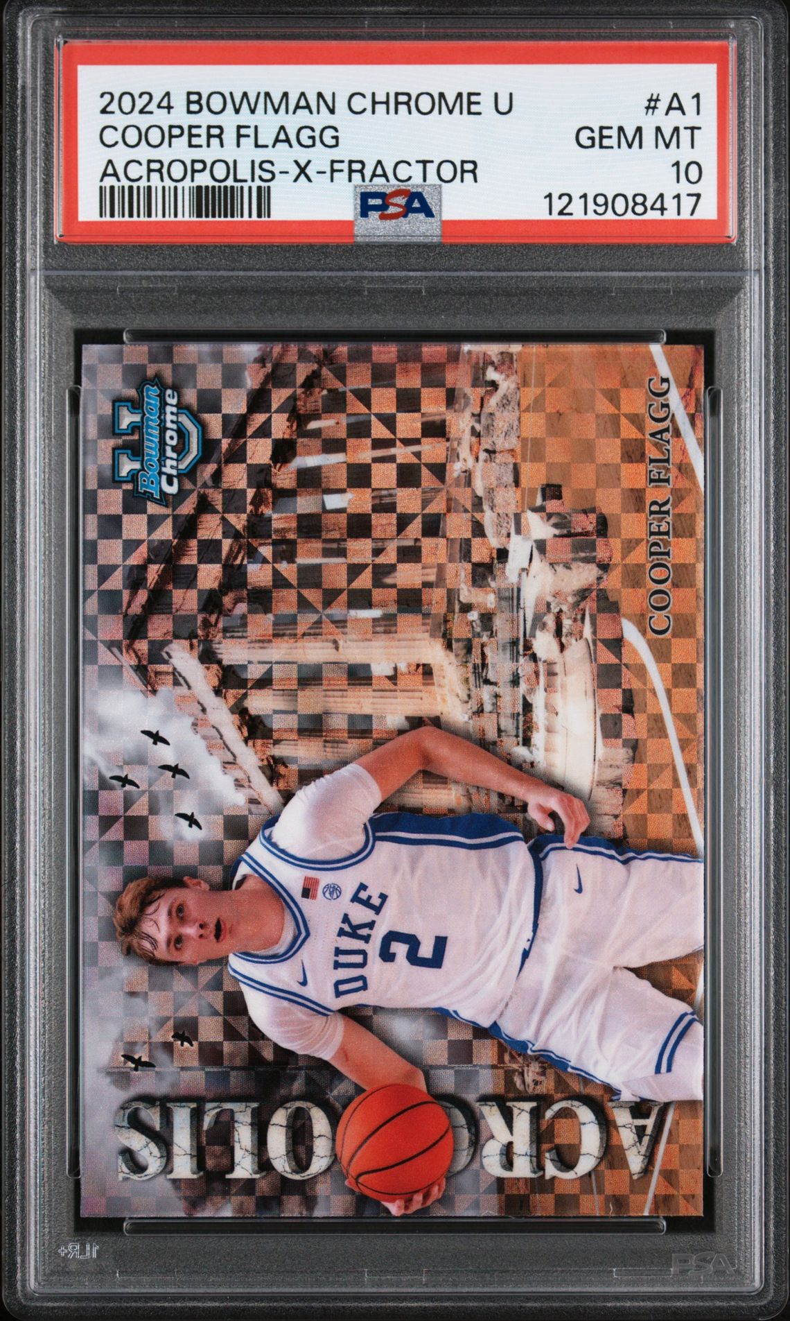 2024 Bowman Chrome University Acropolis Cooper Flagg #A1 (Acropolis-X-Fractor) Gem Mt 10 front