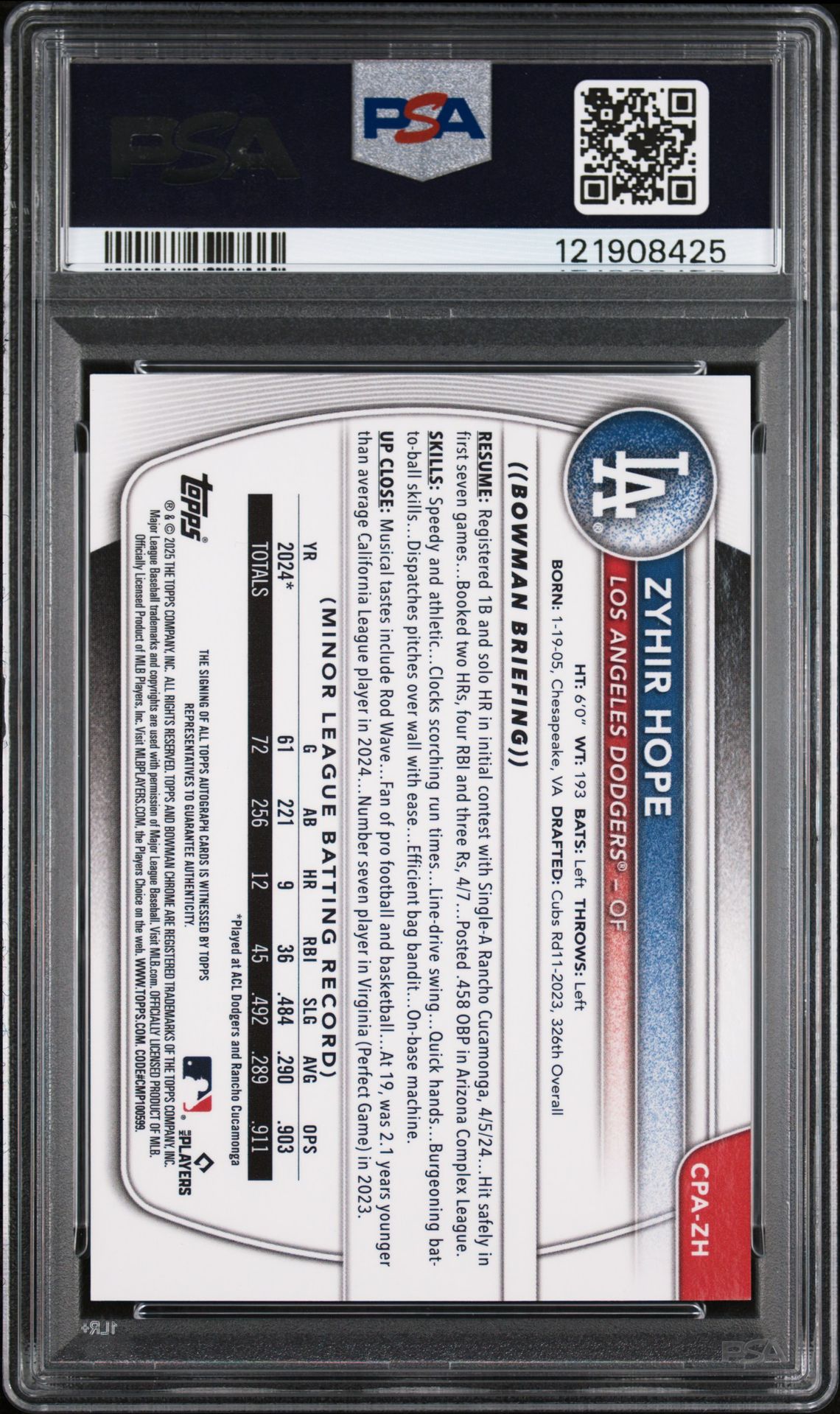 2025 Bowman Chrome Prospect Autographs Zyhir Hope #Cpazh Mint 9 back