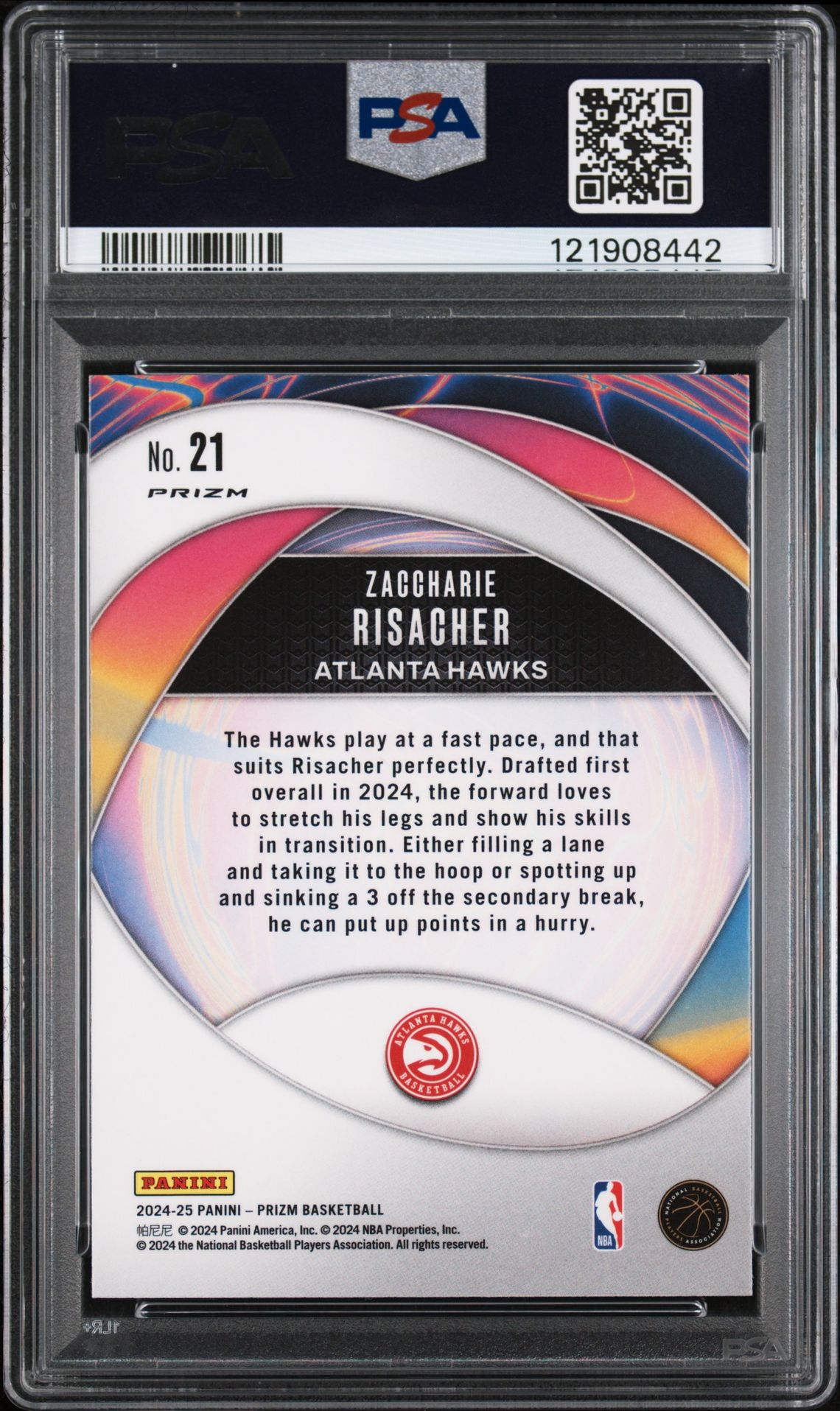 2024 Panini Prizm Instant Impact Zaccharie Risacher #21 (Instant Impact-Silver Prizm) Gem Mt 10 back