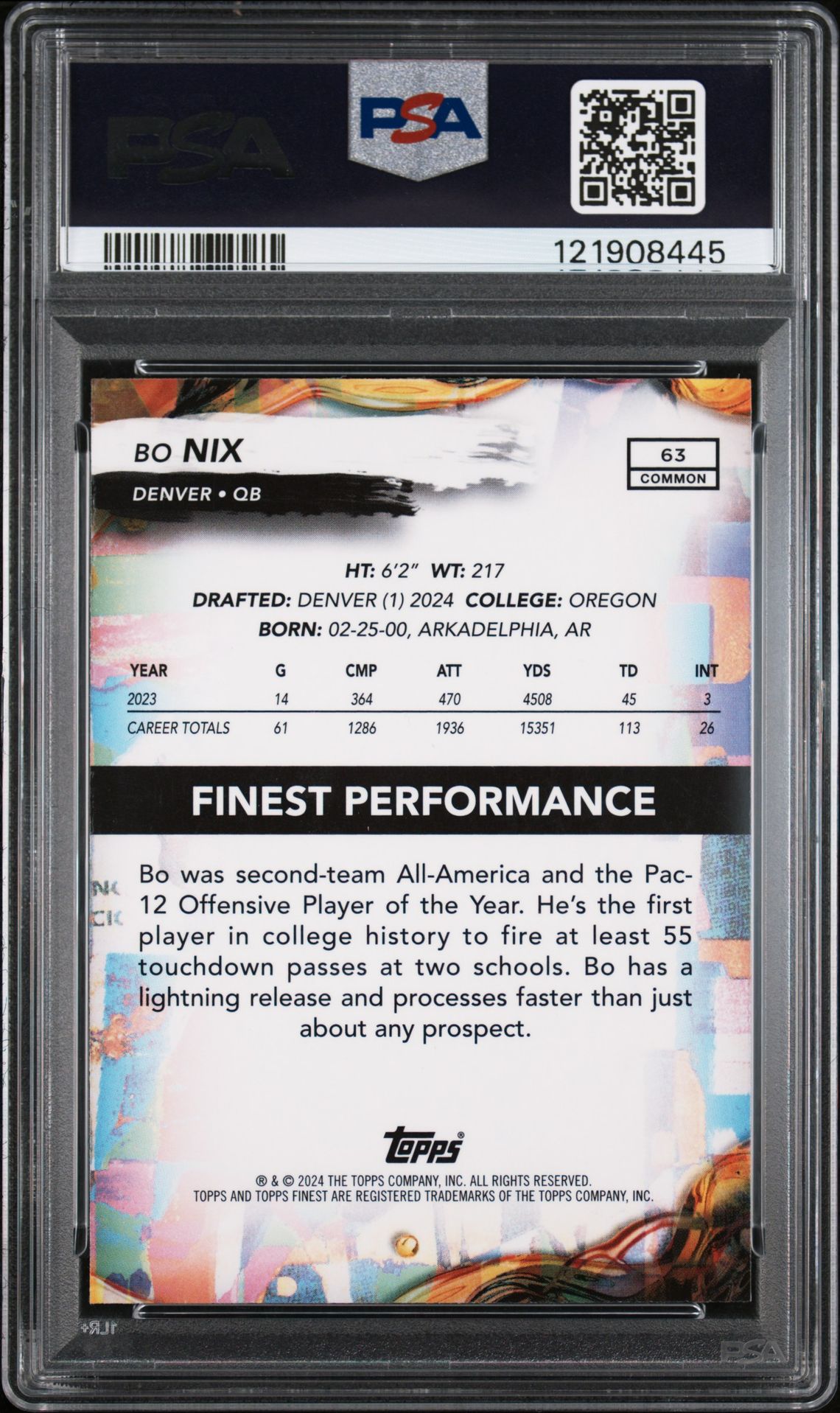 2024 Topps Finest Bo Nix #63 (Green Refractor) Gem Mt 10 back