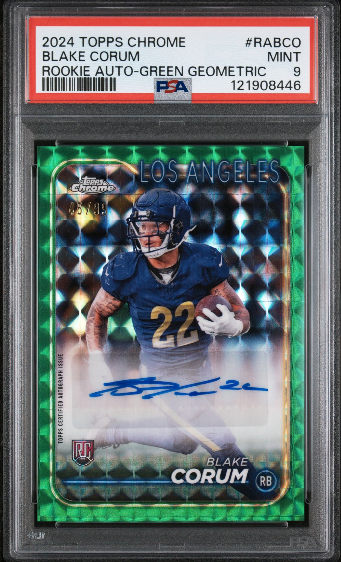 2024 Topps Chrome Rookie Autographs Variations Blake Corum #Rabco (Rookie Auto-Green Geometric) Mint 9 front