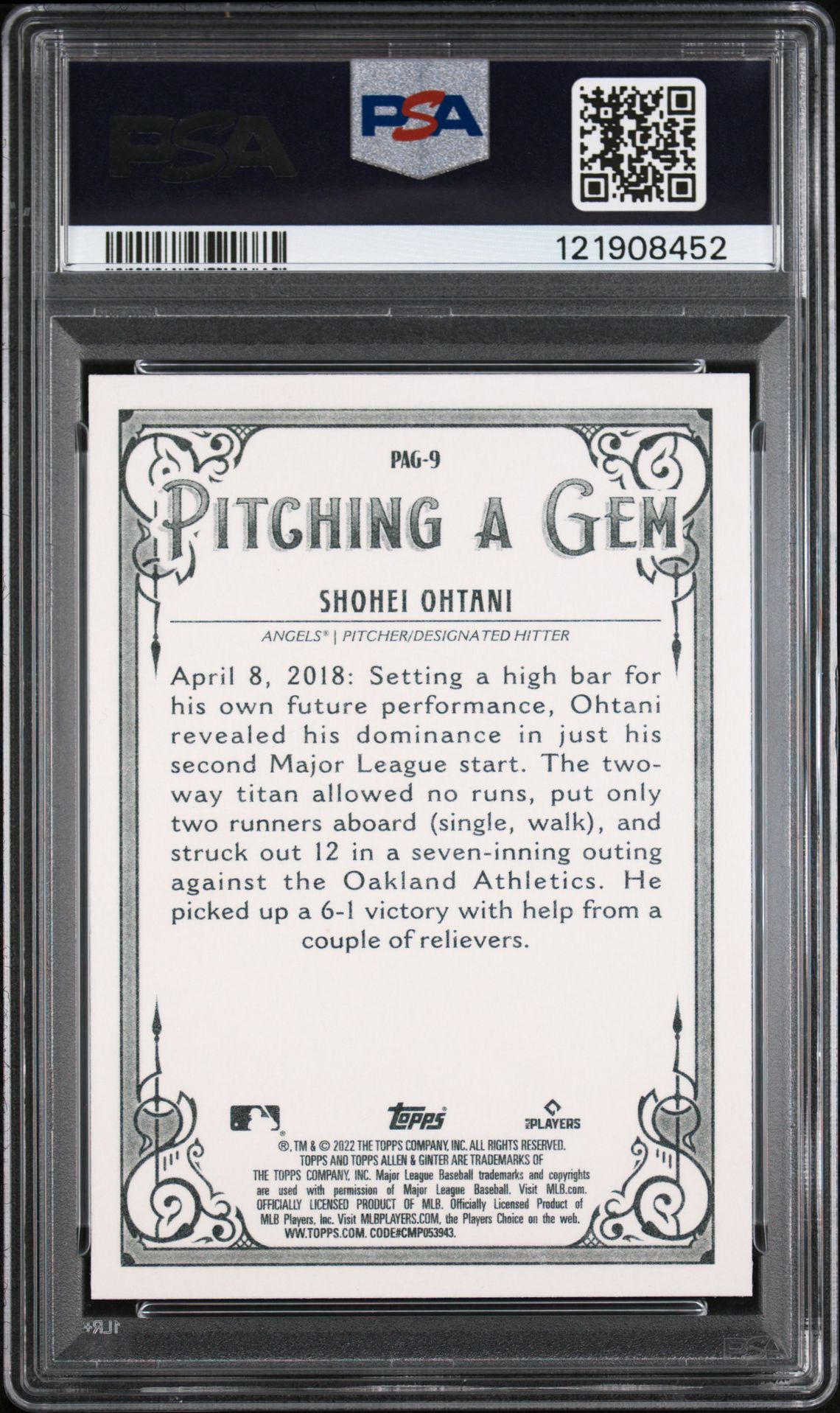 2022 Topps Allen & Ginter Pitching A Gem Shohei Ohtani #Pag9 (Pitching A Gem) Gem Mt 10 back