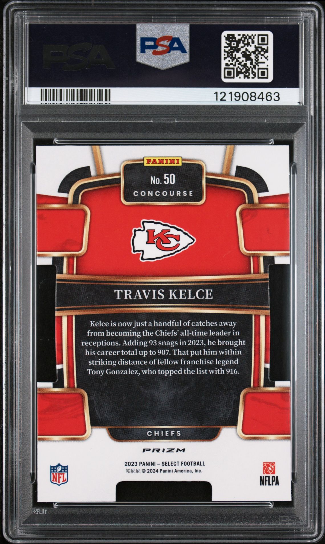 2023 Panini Select Travis Kelce #50 (Die-Cut Zebra Prizm) Gem Mt 10 back