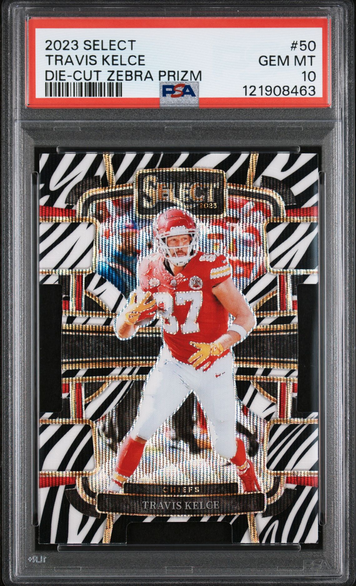 2023 Panini Select Travis Kelce #50 (Die-Cut Zebra Prizm) Gem Mt 10 front