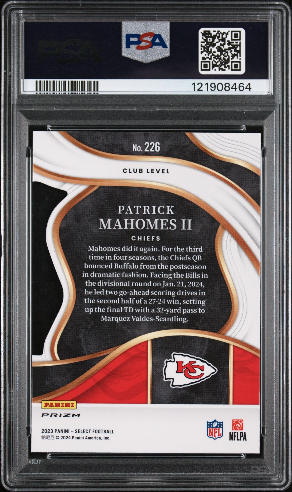 2023 Panini Select Patrick Mahomes Ii #226 (Die-Cut Zebra Prizm) Gem Mt 10 back